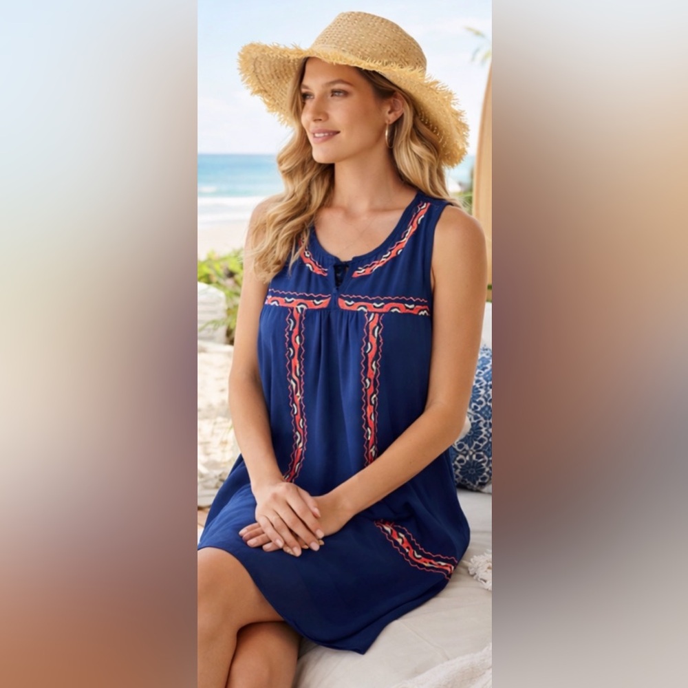 Jesse & J Blue Embroidered Boho Tunic Dress Large